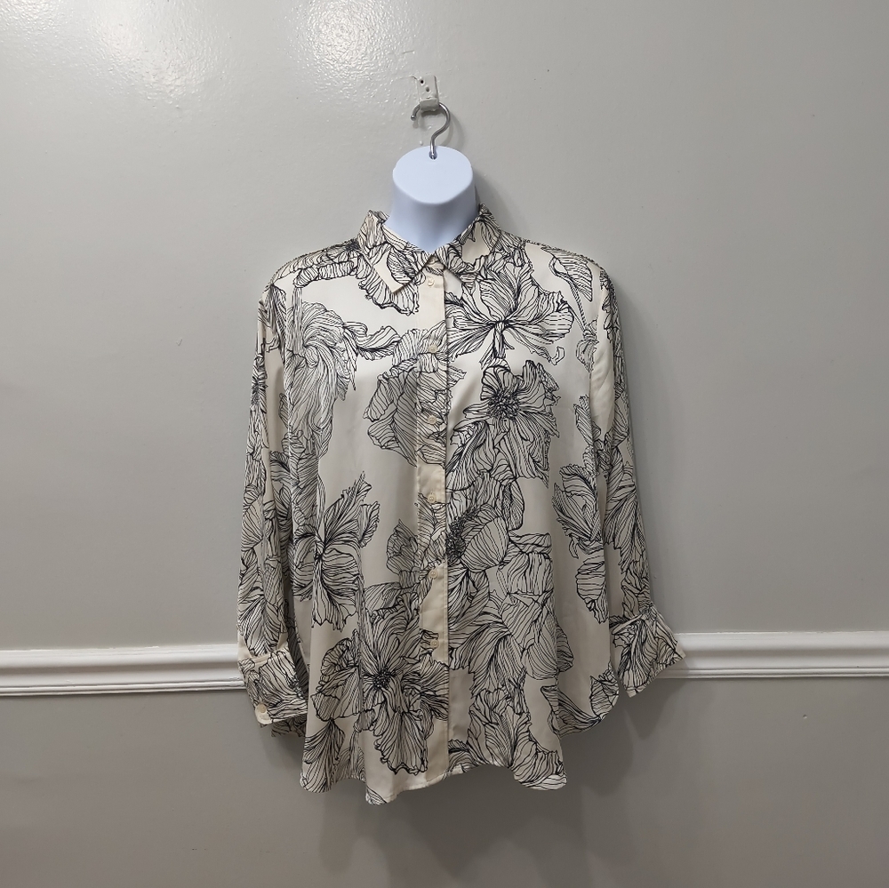H&M Womens Floral Print Long-Sleeve Blouse Black Cream Sz XL Office Career Work